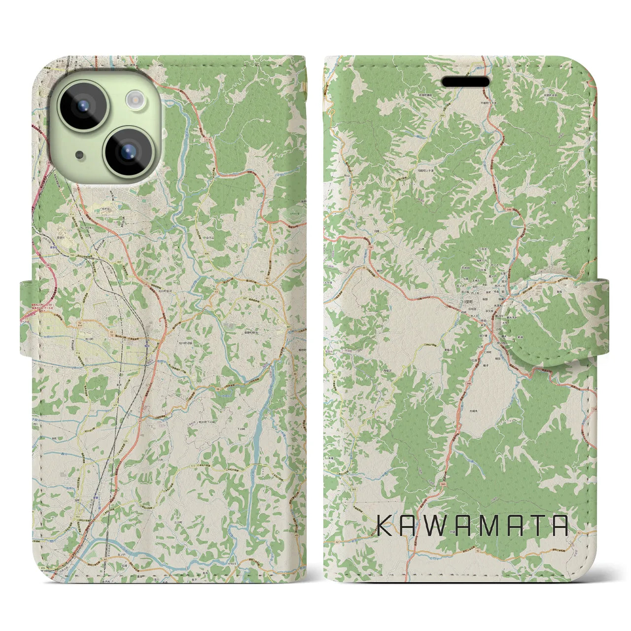 【川俣（福島県）】地図柄iPhoneケース（手帳タイプ）ナチュラル・iPhone 15 用