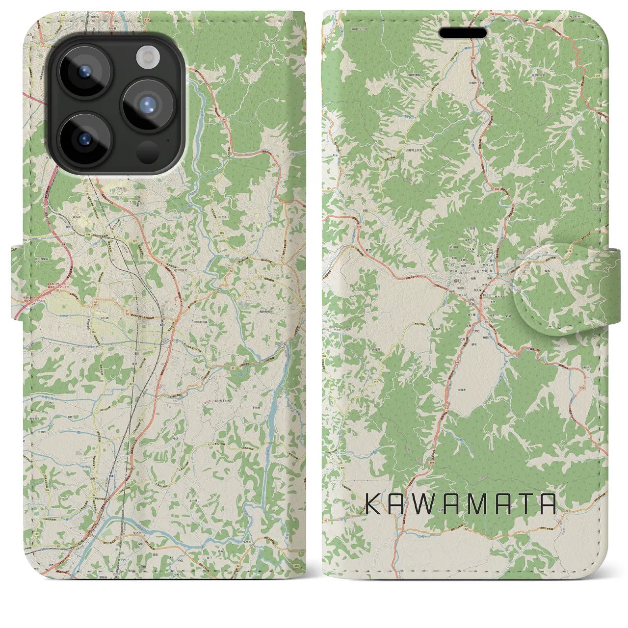 【川俣（福島県）】地図柄iPhoneケース（手帳タイプ）ナチュラル・iPhone 15 Pro Max 用