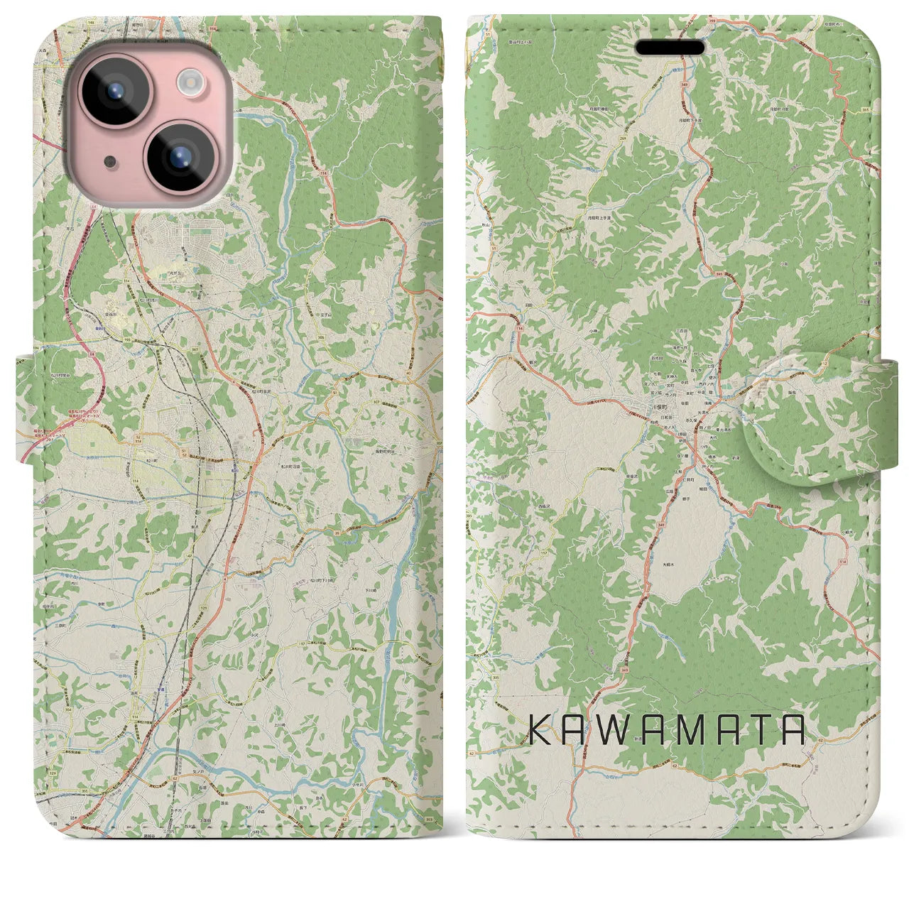 【川俣（福島県）】地図柄iPhoneケース（手帳タイプ）ナチュラル・iPhone 15 Plus 用
