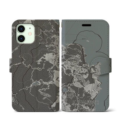 【川奈（静岡県）】地図柄iPhoneケース（手帳タイプ）モノトーン・iPhone 12 mini 用