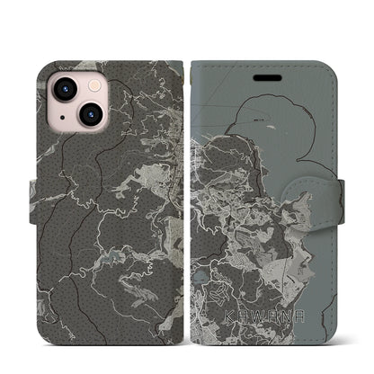 【川奈（静岡県）】地図柄iPhoneケース（手帳タイプ）モノトーン・iPhone 13 mini 用