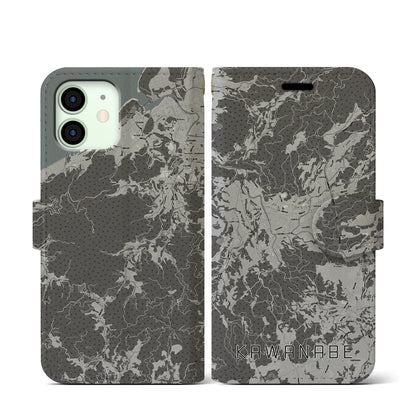 【川辺（鹿児島県）】地図柄iPhoneケース（手帳タイプ）モノトーン・iPhone 12 mini 用