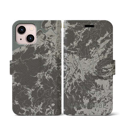 【川辺（鹿児島県）】地図柄iPhoneケース（手帳タイプ）モノトーン・iPhone 13 mini 用