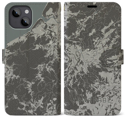 【川辺（鹿児島県）】地図柄iPhoneケース（手帳タイプ）モノトーン・iPhone 14 Plus 用