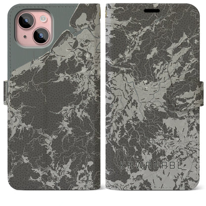 【川辺（鹿児島県）】地図柄iPhoneケース（手帳タイプ）モノトーン・iPhone 15 Plus 用