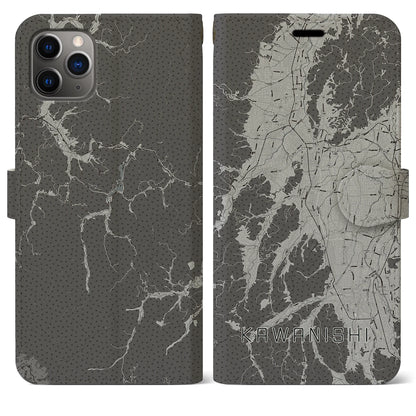 【川西（山形県）】地図柄iPhoneケース（手帳タイプ）モノトーン・iPhone 11 Pro Max 用
