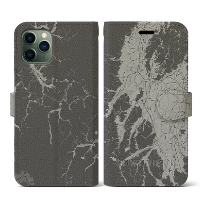 【川西（山形県）】地図柄iPhoneケース（手帳タイプ）モノトーン・iPhone 11 Pro 用