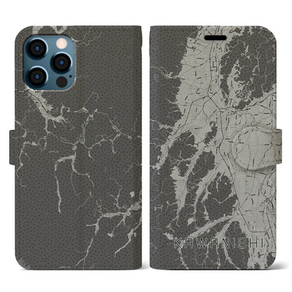 【川西（山形県）】地図柄iPhoneケース（手帳タイプ）モノトーン・iPhone 12 / 12 Pro 用