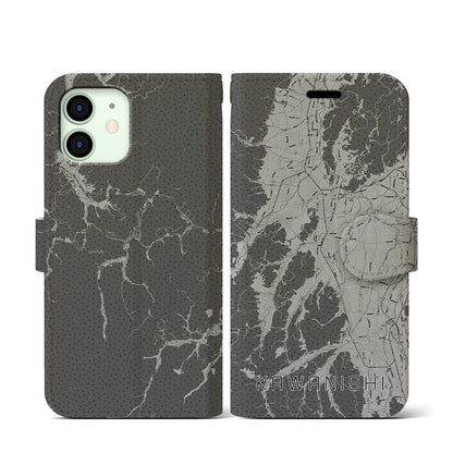 【川西（山形県）】地図柄iPhoneケース（手帳タイプ）モノトーン・iPhone 12 mini 用