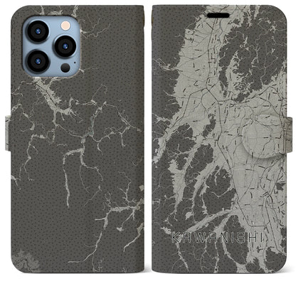 【川西（山形県）】地図柄iPhoneケース（手帳タイプ）モノトーン・iPhone 13 Pro Max 用