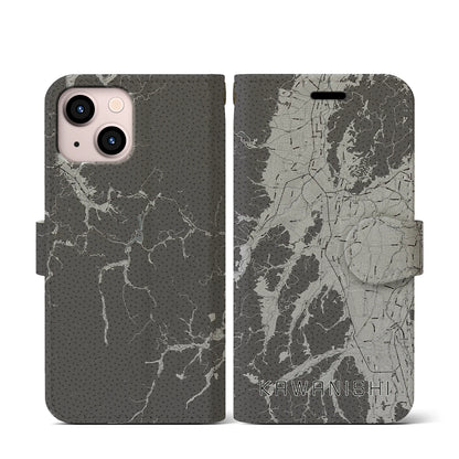 【川西（山形県）】地図柄iPhoneケース（手帳タイプ）モノトーン・iPhone 13 mini 用