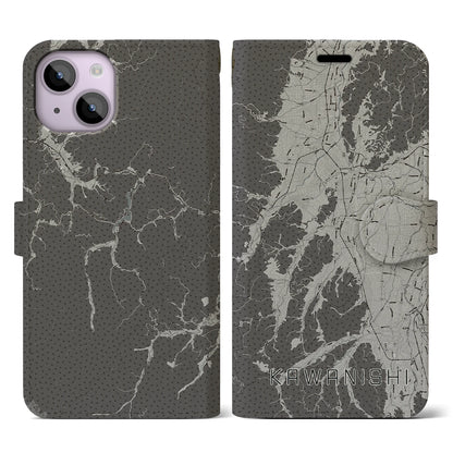 【川西（山形県）】地図柄iPhoneケース（手帳タイプ）モノトーン・iPhone 14 用