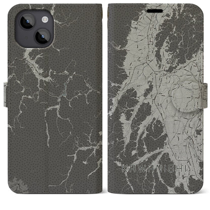 【川西（山形県）】地図柄iPhoneケース（手帳タイプ）モノトーン・iPhone 14 Plus 用