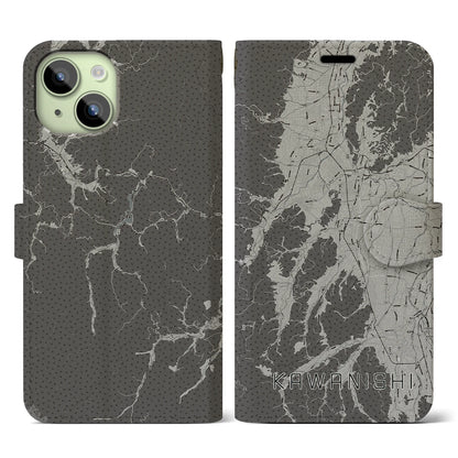 【川西（山形県）】地図柄iPhoneケース（手帳タイプ）モノトーン・iPhone 15 用