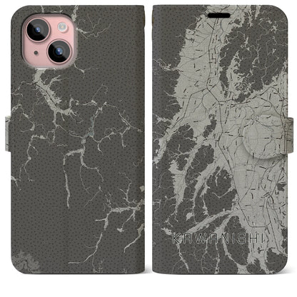 【川西（山形県）】地図柄iPhoneケース（手帳タイプ）モノトーン・iPhone 15 Plus 用