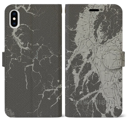 【川西（山形県）】地図柄iPhoneケース（手帳タイプ）モノトーン・iPhone XS Max 用
