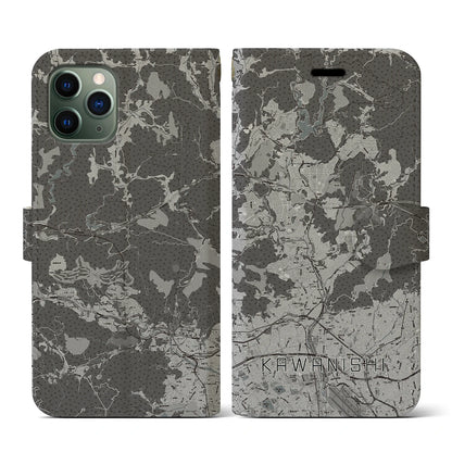 【川西（兵庫県）】地図柄iPhoneケース（手帳タイプ）モノトーン・iPhone 11 Pro 用
