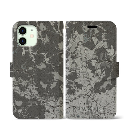 【川西（兵庫県）】地図柄iPhoneケース（手帳タイプ）モノトーン・iPhone 12 mini 用