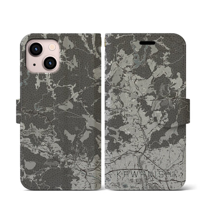 【川西（兵庫県）】地図柄iPhoneケース（手帳タイプ）モノトーン・iPhone 13 mini 用
