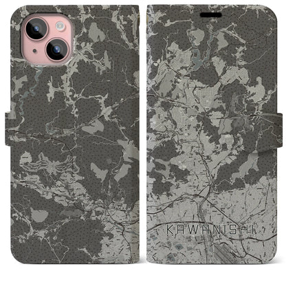 【川西（兵庫県）】地図柄iPhoneケース（手帳タイプ）モノトーン・iPhone 15 Plus 用