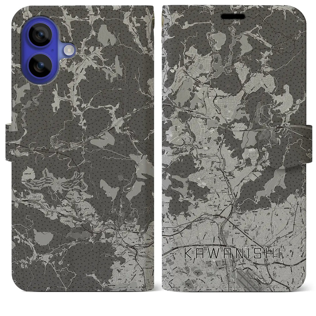 【川西(兵庫県)】地図柄iPhoneケース(手帳タイプ)モノトーン・iPhone 16 Pro Max 用