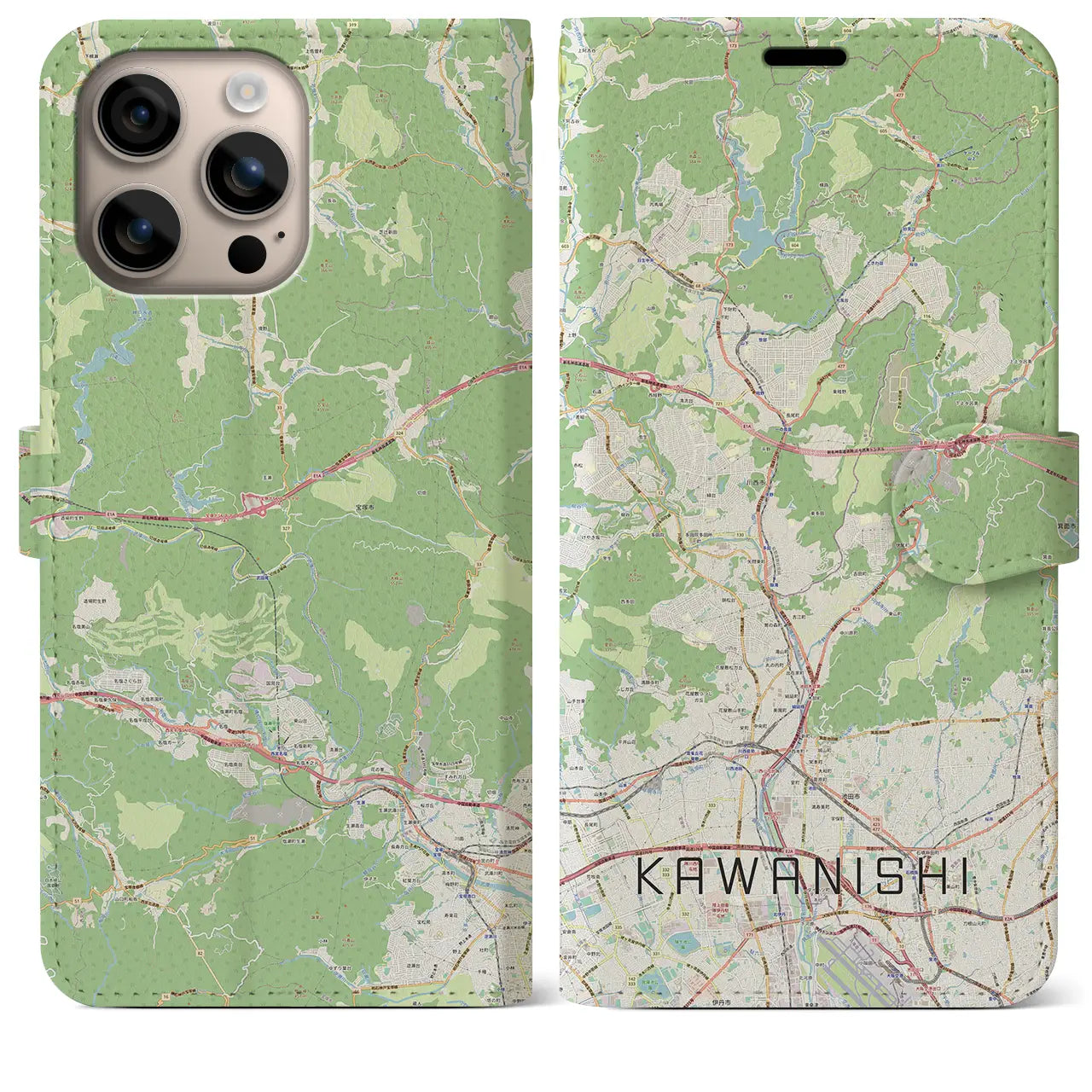 【川西（兵庫県）】地図柄iPhoneケース（手帳タイプ）ナチュラル・iPhone 16 Plus 用