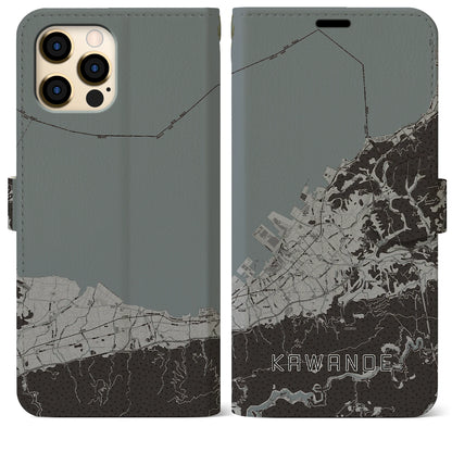 【川之江（愛媛県）】地図柄iPhoneケース（手帳タイプ）モノトーン・iPhone 12 Pro Max 用