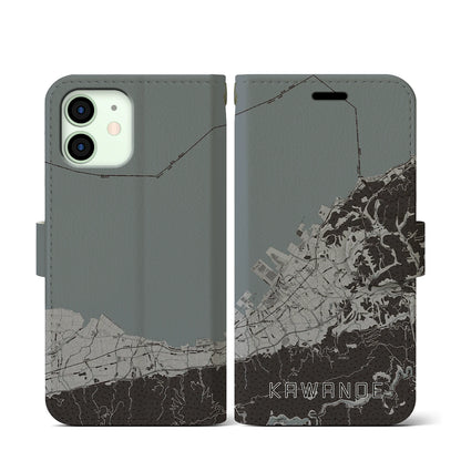 【川之江（愛媛県）】地図柄iPhoneケース（手帳タイプ）モノトーン・iPhone 12 mini 用