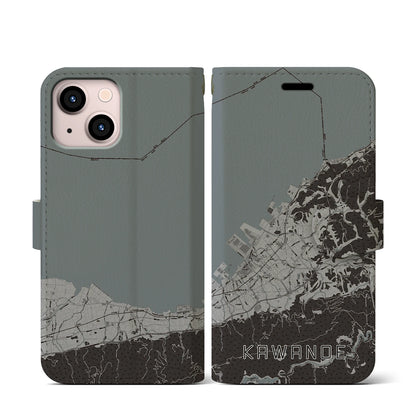 【川之江（愛媛県）】地図柄iPhoneケース（手帳タイプ）モノトーン・iPhone 13 mini 用