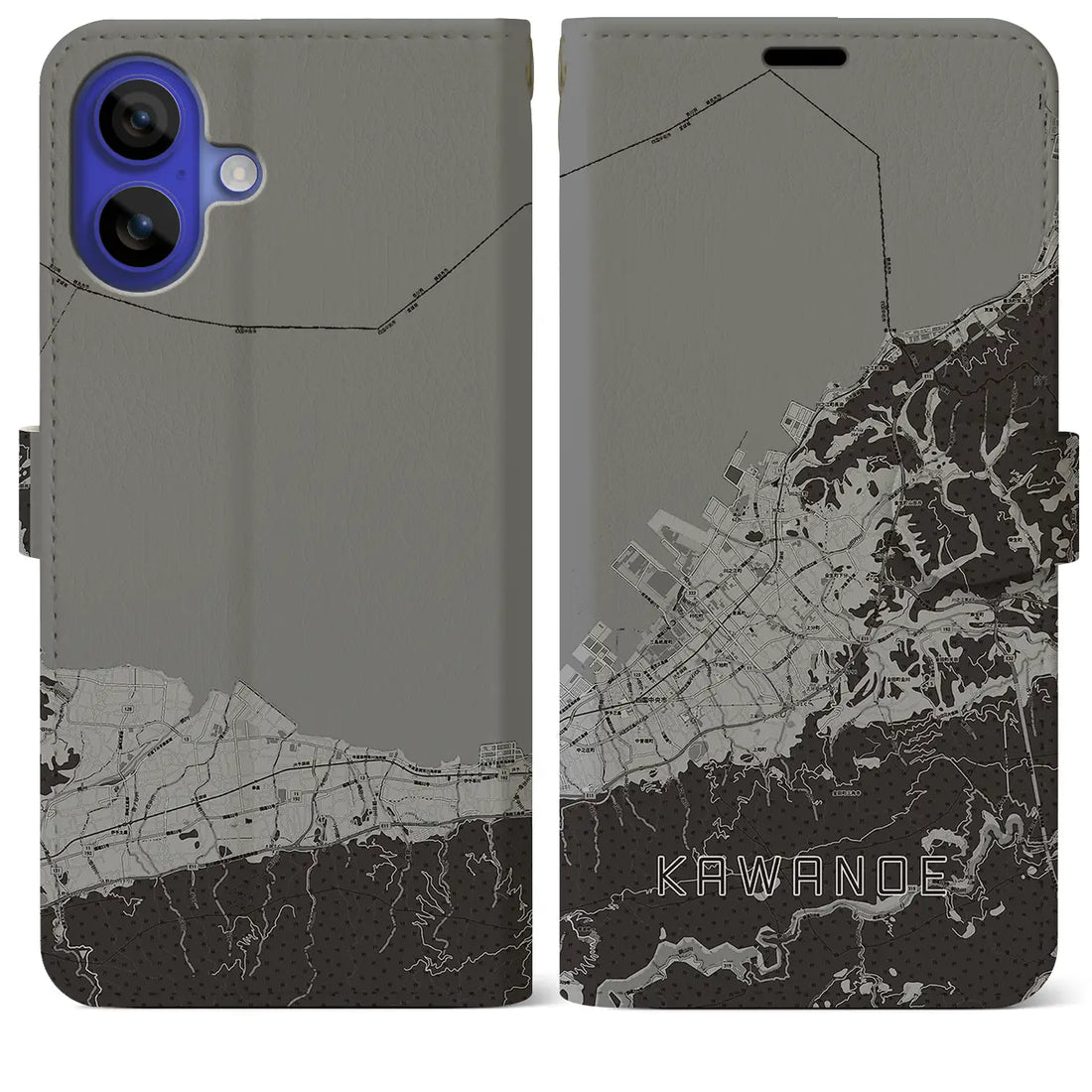 【川之江(愛媛県)】地図柄iPhoneケース(手帳タイプ)モノトーン・iPhone 16 Pro Max 用