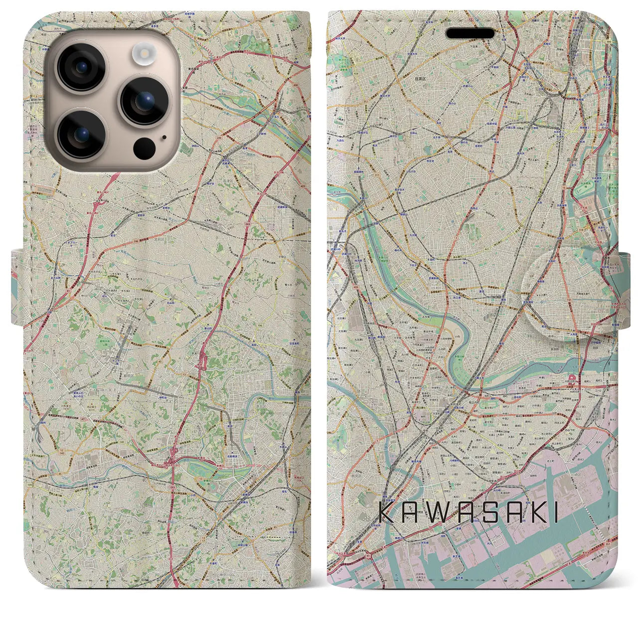 【川崎（神奈川県）】地図柄iPhoneケース（手帳タイプ）ナチュラル・iPhone 16 Plus 用