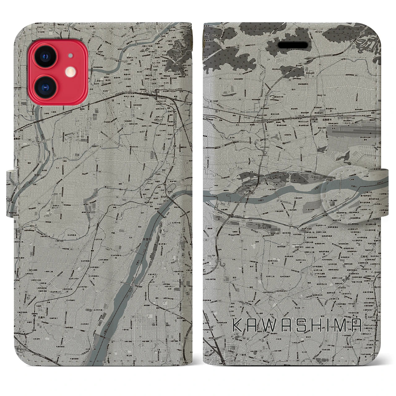 【川島】地図柄iPhoneケース（手帳両面タイプ・モノトーン）iPhone 11 用