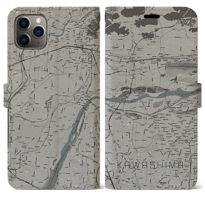 【川島（岐阜県）】地図柄iPhoneケース（手帳タイプ）モノトーン・iPhone 11 Pro Max 用