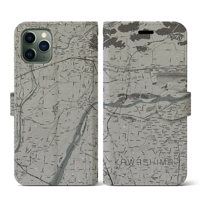 【川島（岐阜県）】地図柄iPhoneケース（手帳タイプ）モノトーン・iPhone 11 Pro 用