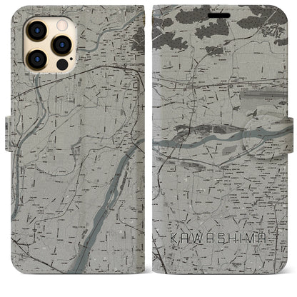 【川島（岐阜県）】地図柄iPhoneケース（手帳タイプ）モノトーン・iPhone 12 Pro Max 用