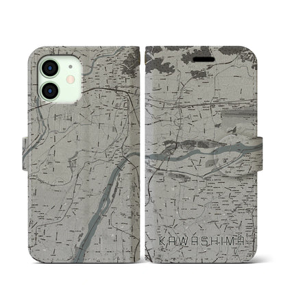 【川島（岐阜県）】地図柄iPhoneケース（手帳タイプ）モノトーン・iPhone 12 mini 用