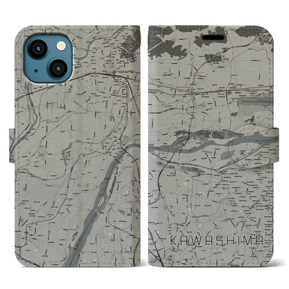 【川島（岐阜県）】地図柄iPhoneケース（手帳タイプ）モノトーン・iPhone 13 用