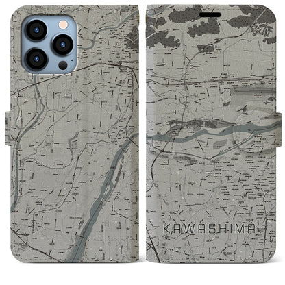【川島（岐阜県）】地図柄iPhoneケース（手帳タイプ）モノトーン・iPhone 13 Pro Max 用