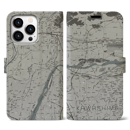 【川島（岐阜県）】地図柄iPhoneケース（手帳タイプ）モノトーン・iPhone 13 Pro 用