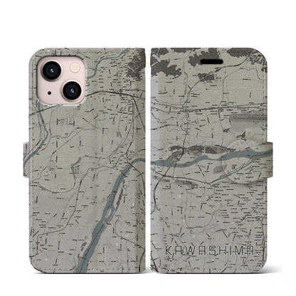 【川島（岐阜県）】地図柄iPhoneケース（手帳タイプ）モノトーン・iPhone 13 mini 用