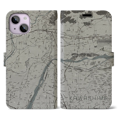 【川島（岐阜県）】地図柄iPhoneケース（手帳タイプ）モノトーン・iPhone 14 用