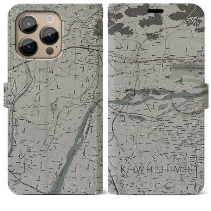 【川島（岐阜県）】地図柄iPhoneケース（手帳タイプ）モノトーン・iPhone 14 Pro Max 用