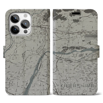 【川島（岐阜県）】地図柄iPhoneケース（手帳タイプ）モノトーン・iPhone 14 Pro 用