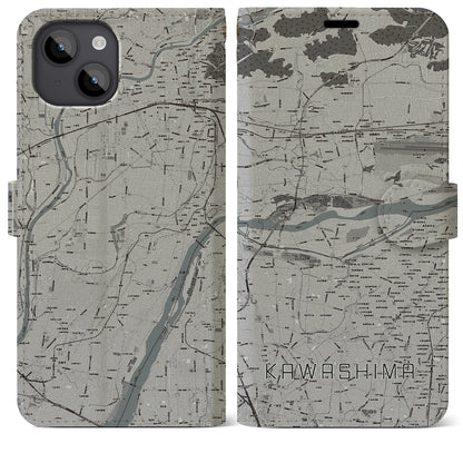 【川島（岐阜県）】地図柄iPhoneケース（手帳タイプ）モノトーン・iPhone 14 Plus 用