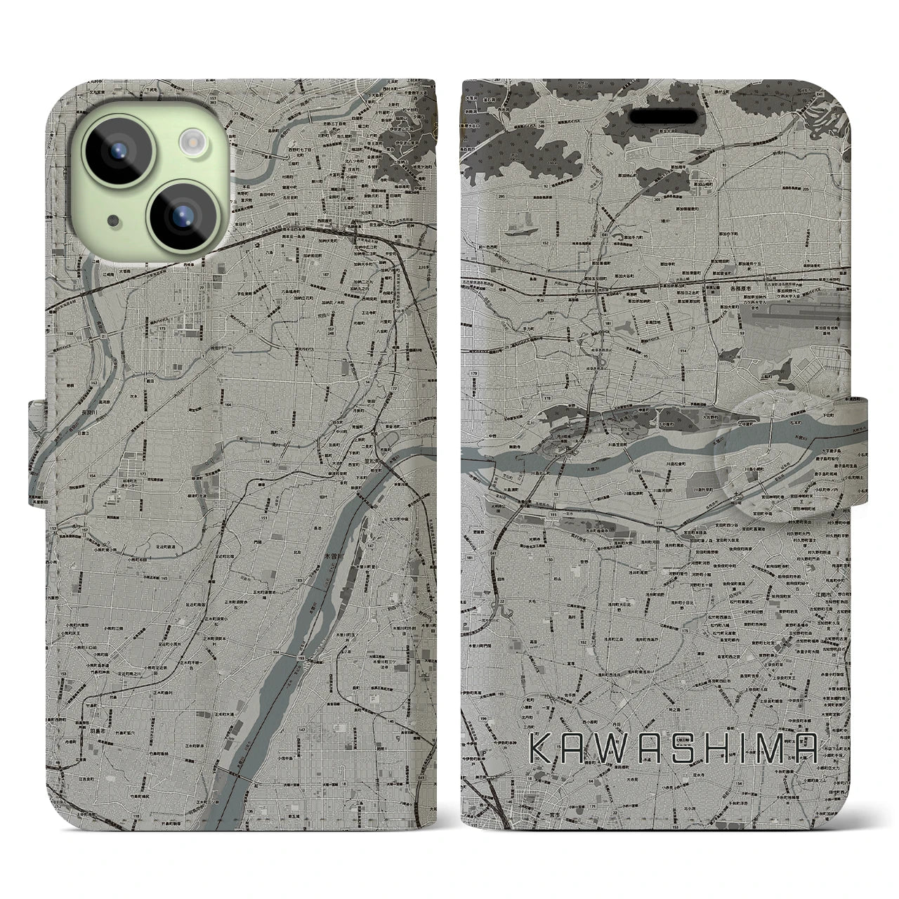 【川島】地図柄iPhoneケース（手帳両面タイプ・モノトーン）iPhone 15 用