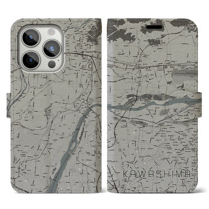 【川島（岐阜県）】地図柄iPhoneケース（手帳タイプ）モノトーン・iPhone 15 Pro 用