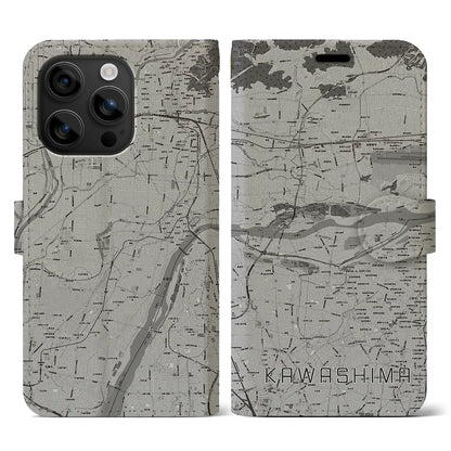 【川島（岐阜県）】地図柄iPhoneケース（手帳タイプ）モノトーン・iPhone 16 用