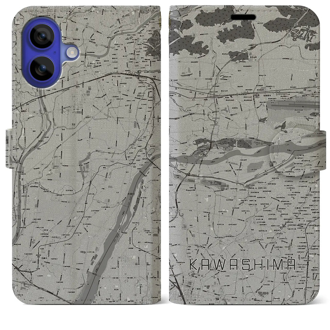 【川島(岐阜県)】地図柄iPhoneケース(手帳タイプ)モノトーン・iPhone 16 Pro Max 用