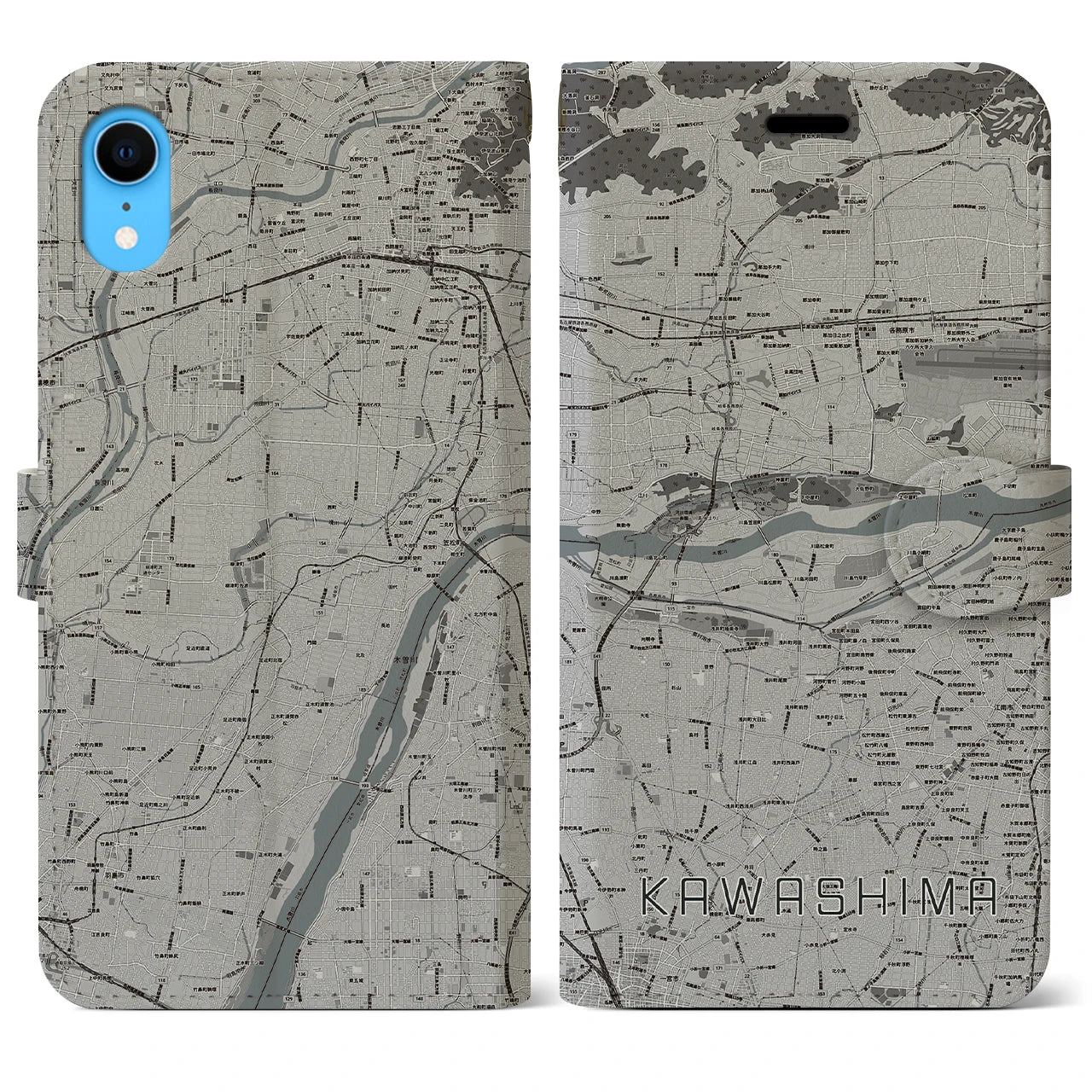 【川島】地図柄iPhoneケース（手帳両面タイプ・モノトーン）iPhone XR 用