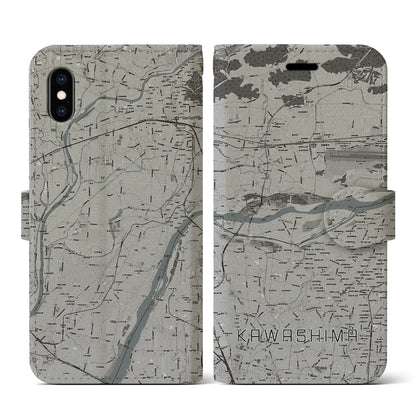 【川島（岐阜県）】地図柄iPhoneケース（手帳タイプ）モノトーン・iPhone XS / X 用